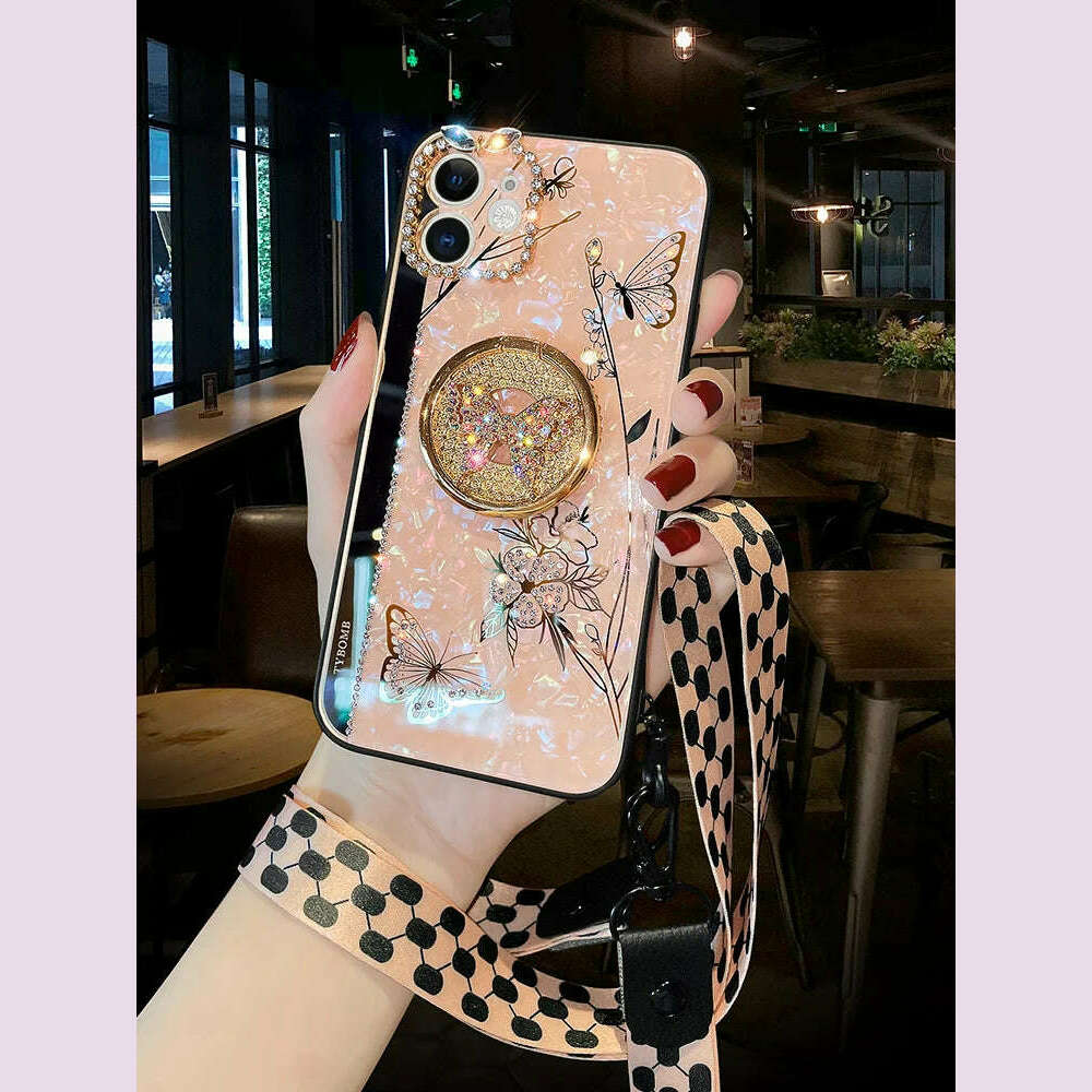 Luxury Glitter Diamond Mirror Butterfly Holder Phone Case For iPhone 15 14 13 12 11 Pro Max X XR XS 7 8 Plus Lanyard Bling Cover
