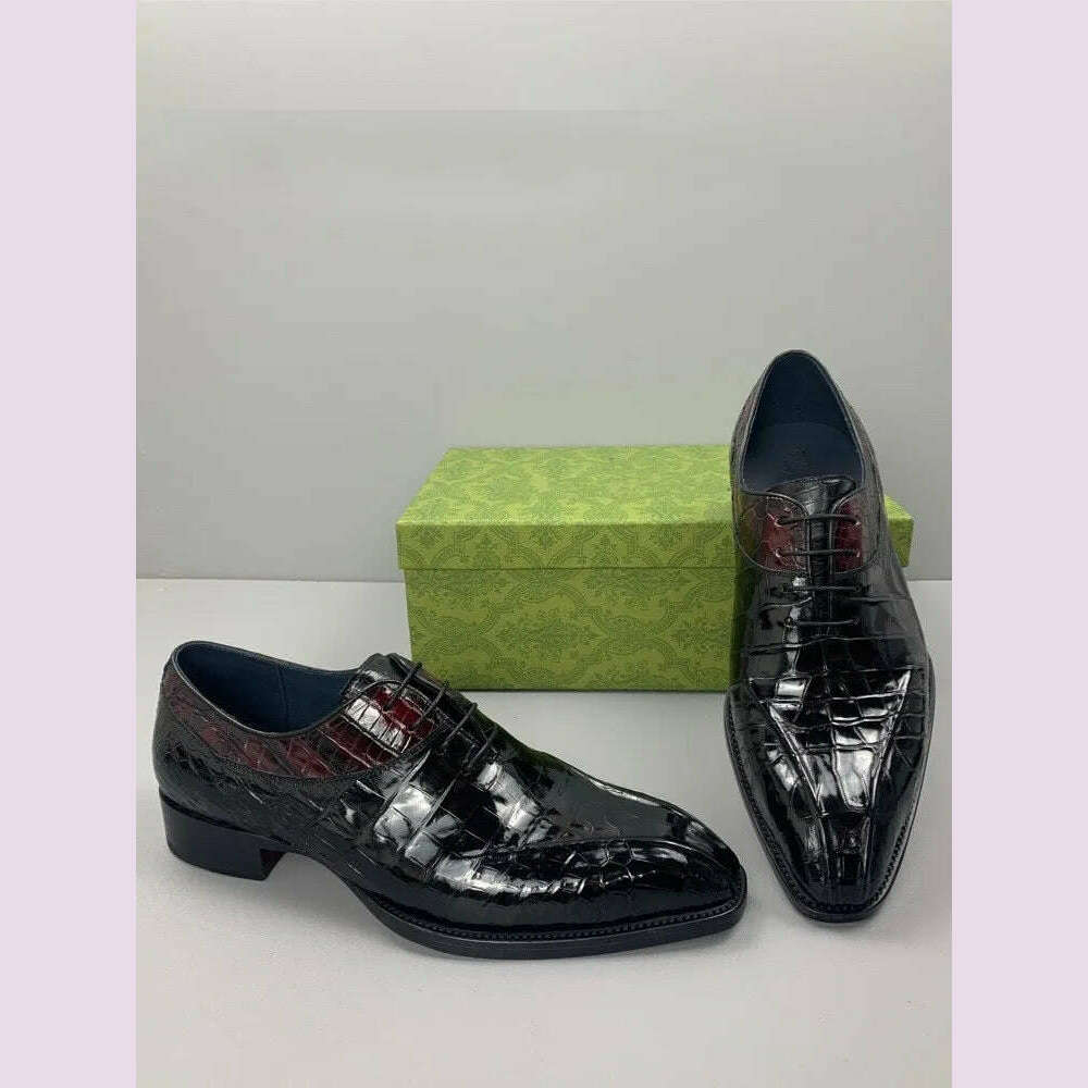 Luxury Mens Crocodile Genuine Leather Dress Shoes Italian Designer Lace Up Med Heel Mixed Colors Business Man Work Formal Shoes