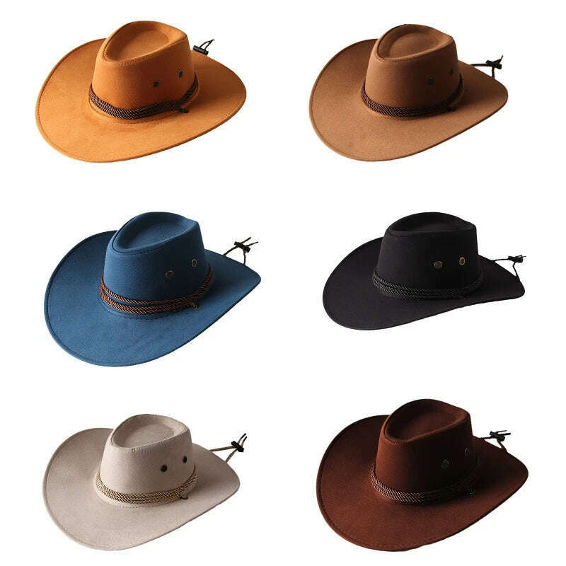 Men's Cool Sun Hat Solid Color Cool Western Cowboy Hat Plain Solid Color Men's Peaked Cap Large Western Rope Knight Cowboy Hat