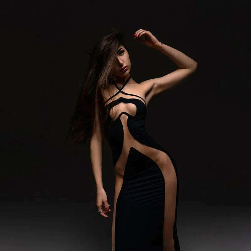 Mesh Patchwork Halter Neck Dresses for Women Sexy Lace-up Backless See-through Evening Dress Sleeveless Backless Long Party Robe