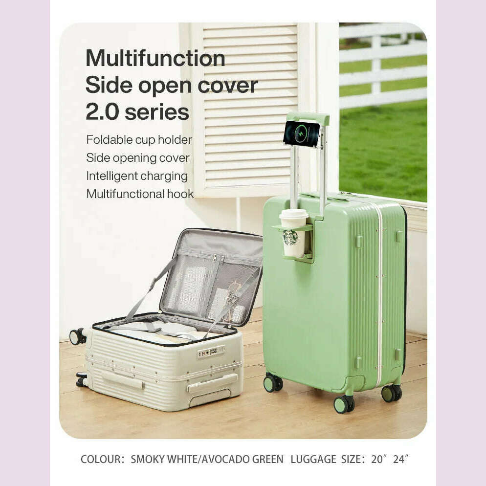 Mixi New Aluminum Frame Suitcase Carry On Rolling Luggage with USB Port Boarding Cabin Cup and Phone Holder 20 24 Inch