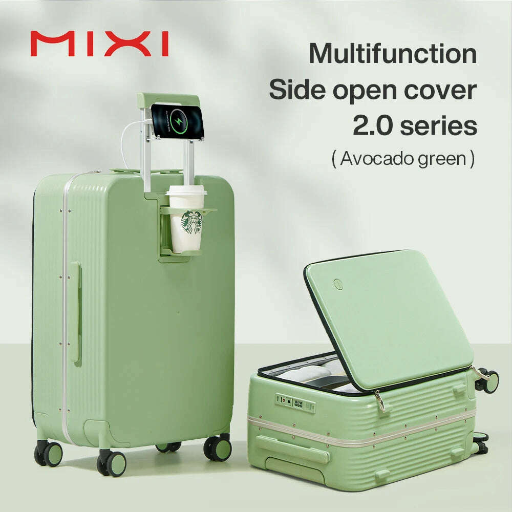 Mixi New Aluminum Frame Suitcase Carry On Rolling Luggage with USB Port Boarding Cabin Cup and Phone Holder 20 24 Inch
