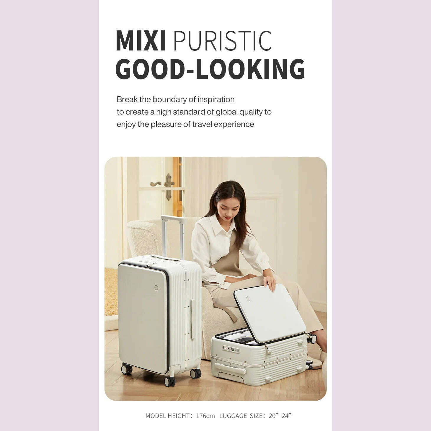 Mixi New Aluminum Frame Suitcase Carry On Rolling Luggage with USB Port Boarding Cabin Cup and Phone Holder 20 24 Inch