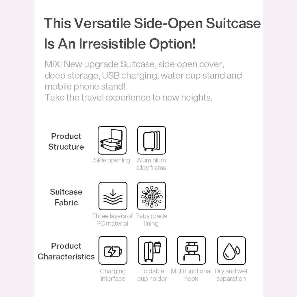 Mixi New Aluminum Frame Suitcase Carry On Rolling Luggage with USB Port Boarding Cabin Cup and Phone Holder 20 24 Inch