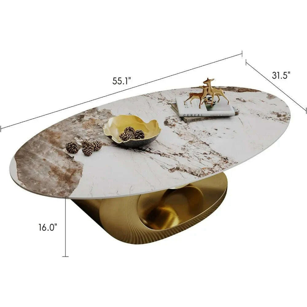 Modern Oval Stone Coffee Table with Gold Metal Base - Elegant Centerpiece for Stylish Living Rooms - 55.1" Lx31.5 Wx16 H