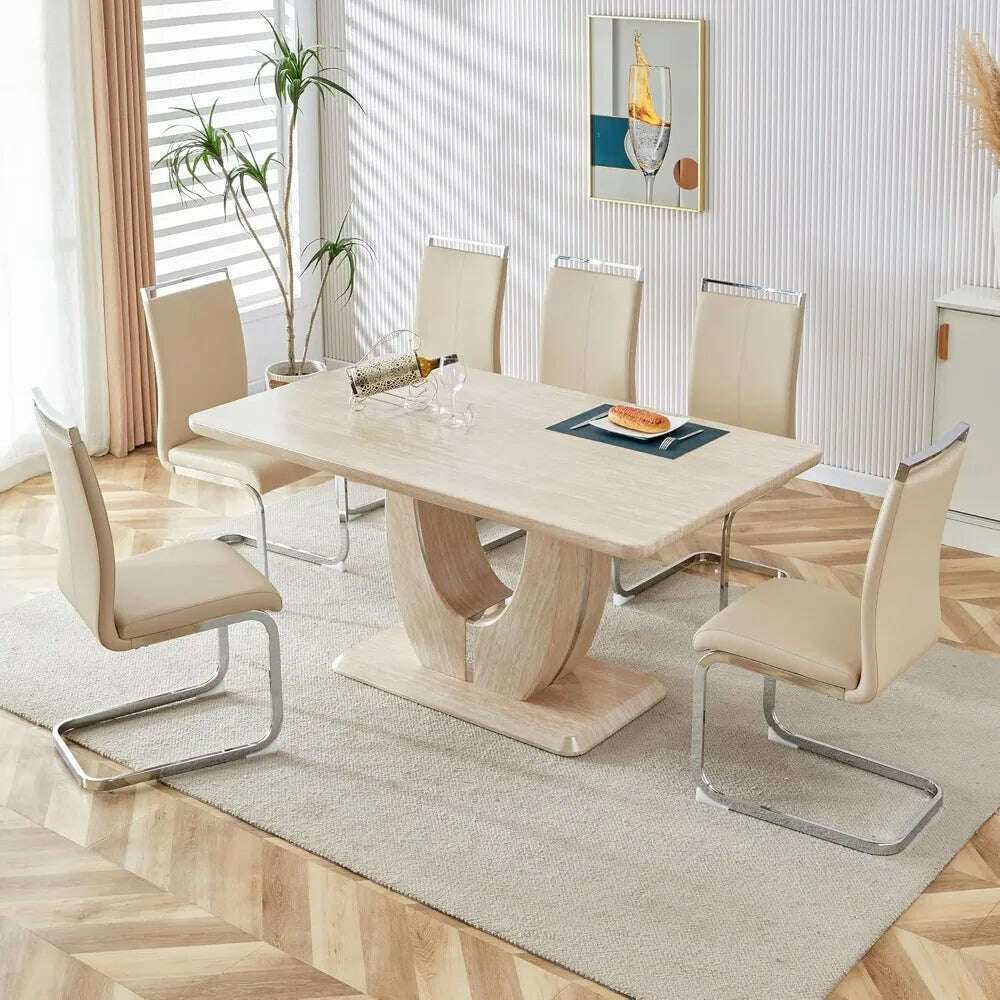Modern Wooden Dining Table Set for6,Rectangula Kitchen Table Set with Faux Marble Tabletop&6 Pu Leather Upholstered Chairs Ideal