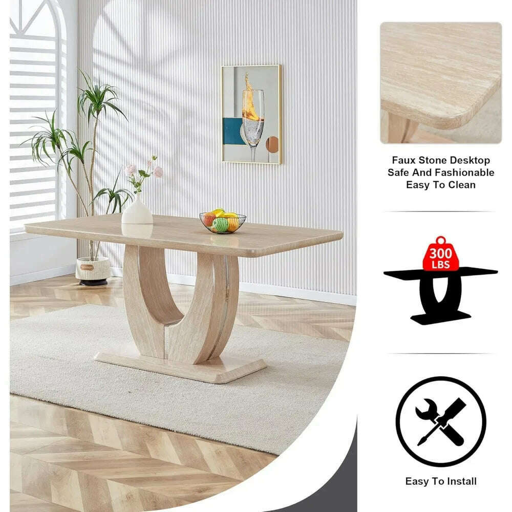 Modern Wooden Dining Table Set for6,Rectangula Kitchen Table Set with Faux Marble Tabletop&6 Pu Leather Upholstered Chairs Ideal