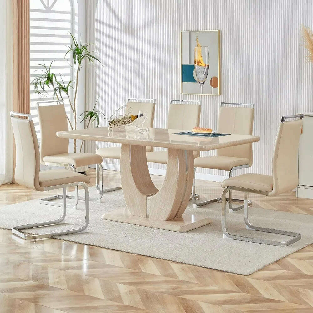 Modern Wooden Dining Table Set for6,Rectangula Kitchen Table Set with Faux Marble Tabletop&6 Pu Leather Upholstered Chairs Ideal