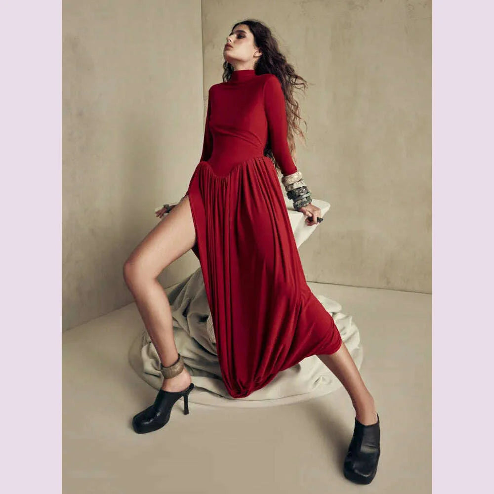 Mozision Backless O-neck Pleated Thigh Slit Long Sleeveless Autumn Winter Red Sexy Maxi Dress For Women High Waist Slim Dress