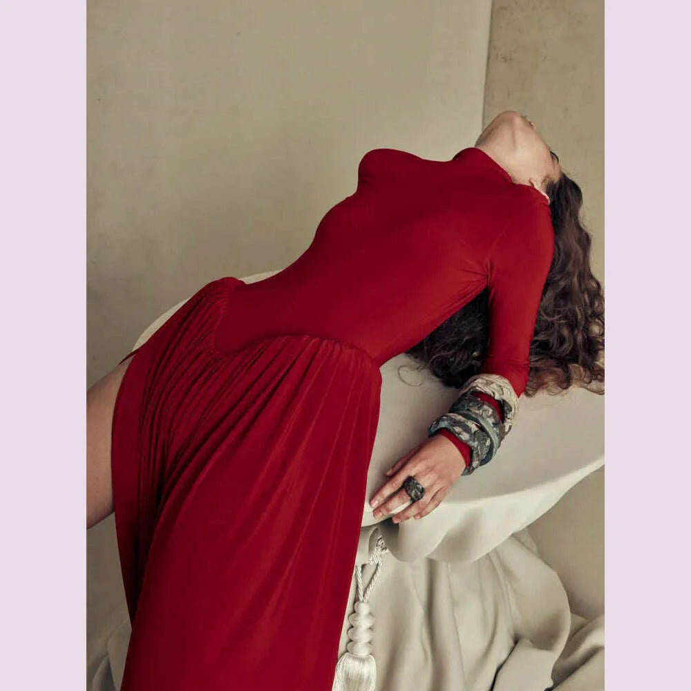 Mozision Backless O-neck Pleated Thigh Slit Long Sleeveless Autumn Winter Red Sexy Maxi Dress For Women High Waist Slim Dress
