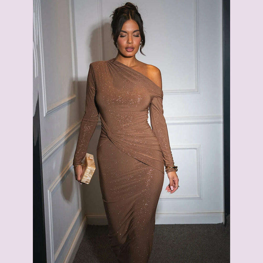 Mozision Sparkle Long Sleeve Sexy Maxi Dress For Women Inclined Shoulder Backless Bodycon Ruched Club Party Sexy Long Dress