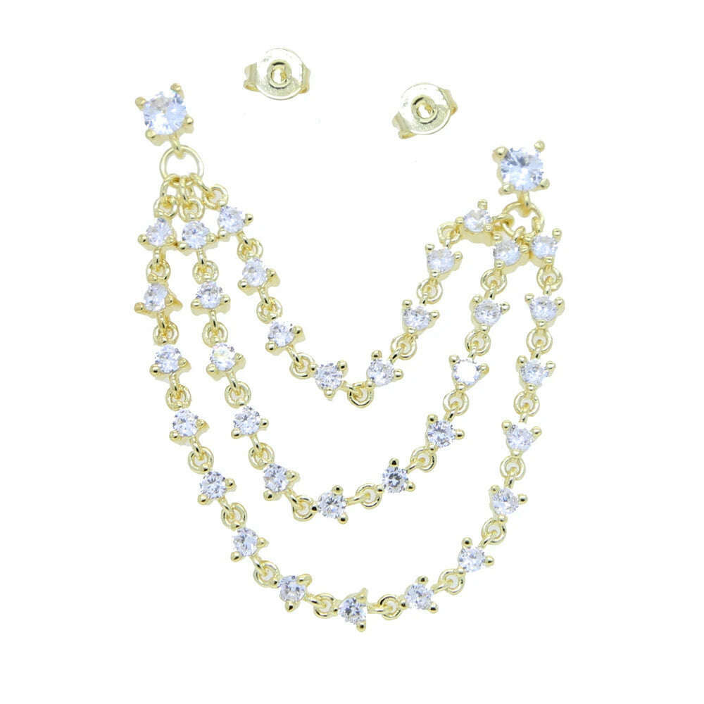 Multi Piercing Luxury Fashion Women Earring Iced Out Bling Sparking 5A CZ Station Long Tassel Chain 1pc Romantic Vermeil Jewelry