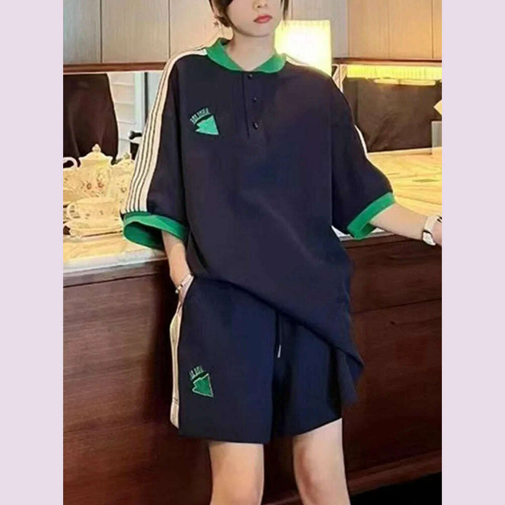 Navy Loose Side Patch Streetwear Tracksuit Summer Shirts Shorts Pants Embroidery Two Piece Sets Womens Outifits Harajuku Casual