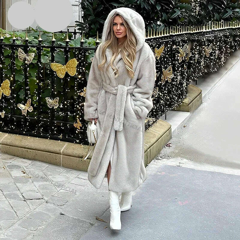 Neo Mint Belted Faux Mink Fur Coat Women 2024 Winter Beige Gradient Furry Fur Jacket Luxury Brand Hooded Warm Outerwear Overcoat