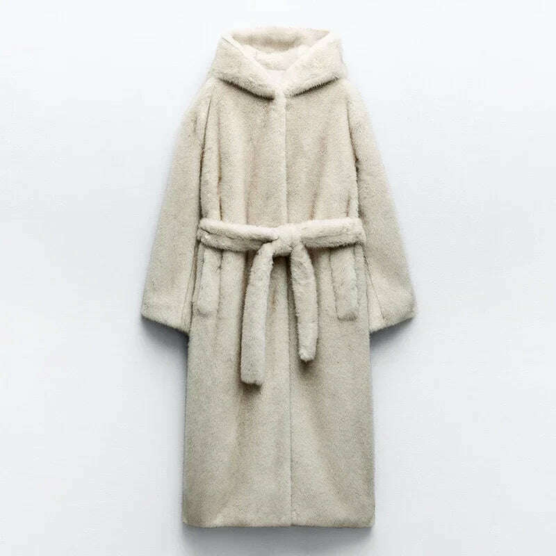 Neo Mint Belted Faux Mink Fur Coat Women 2024 Winter Beige Gradient Furry Fur Jacket Luxury Brand Hooded Warm Outerwear Overcoat