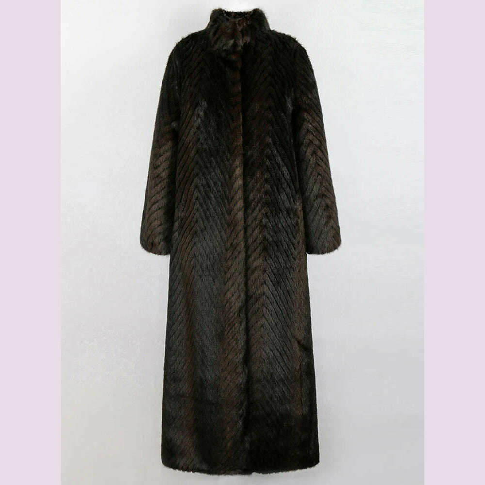 Nerazzurri Winter Extra Long Thick Warm Luxury Elegant Striped Fluffy Faux Mink Fur Coat Women Stand Collar Maxi Overcoat 2022