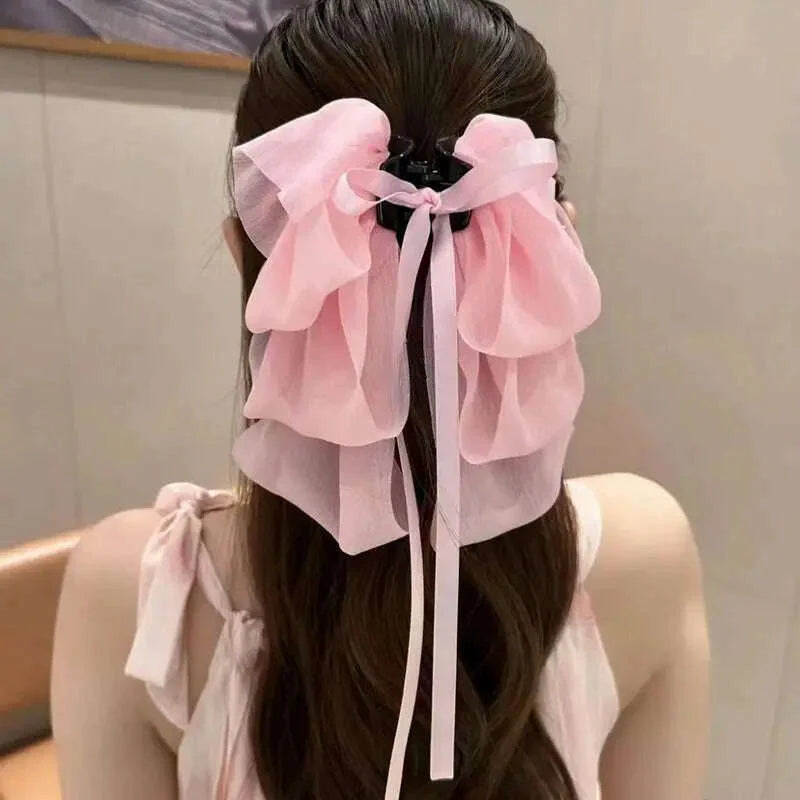 New Bow Floating Ribbon Grip Clip Girls Elegant Ponytail Braid Claw Clip Retro Luxury Female Hair Card Hair Accessories