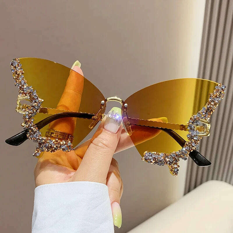 New butterfly shape diamond rimless fashion sunglasses personality exaggerated cool tide men and women models sunglasses