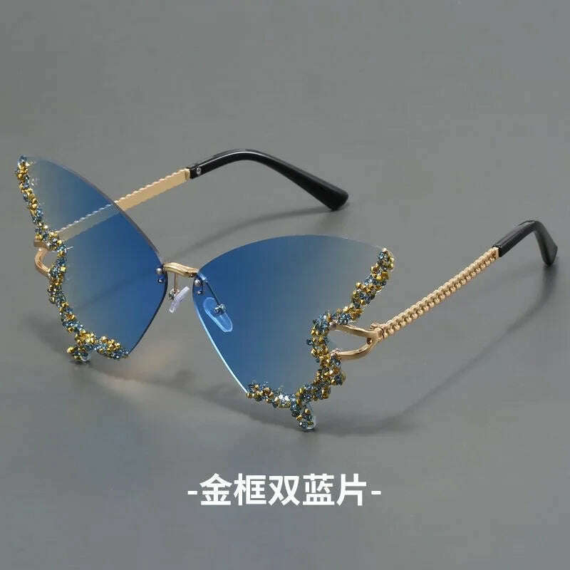 New butterfly shape diamond rimless fashion sunglasses personality exaggerated cool tide men and women models sunglasses