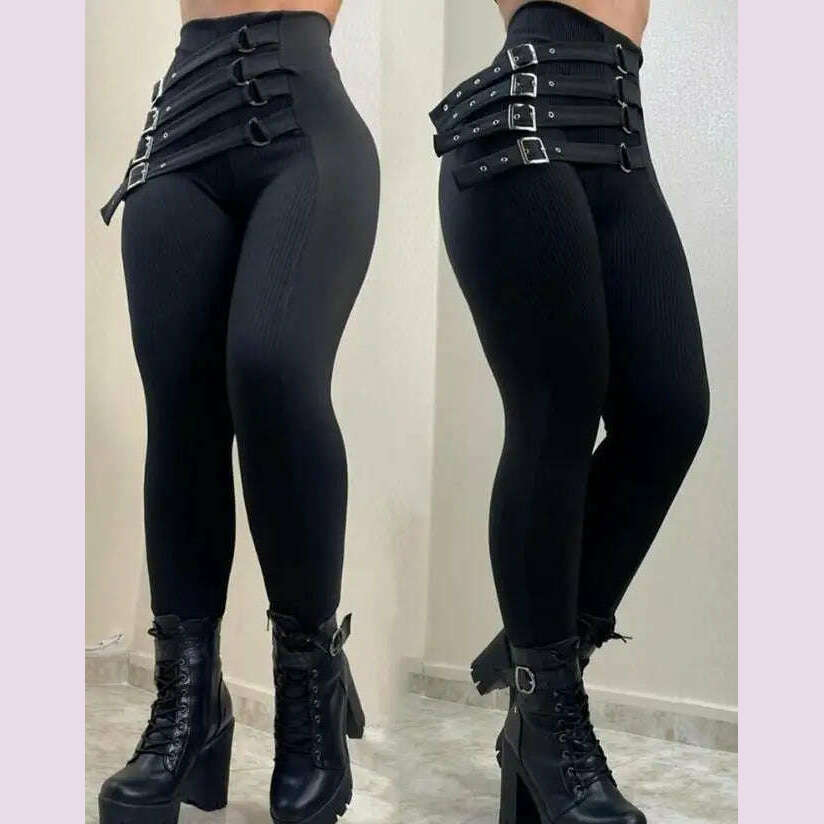 New Fashion Elegant Women's High Waist Buckled Skinny Pants Casual Trouser Bottom Female Clothing Outfits for Women