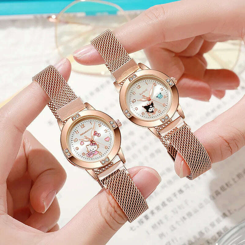New Hello Kitty Diamond Watches Women Cat Bow Kawaii Pink Ladies Gold Sliver Metal Jewelry Cartoon Magnetic Watch Girls