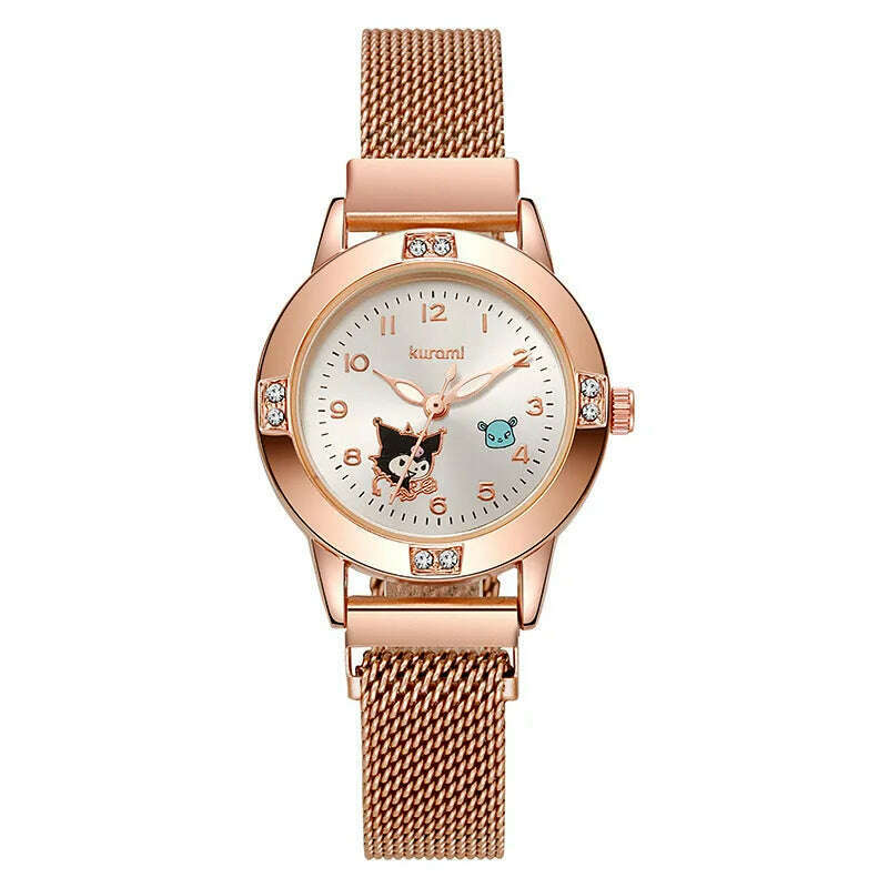 New Hello Kitty Diamond Watches Women Cat Bow Kawaii Pink Ladies Gold Sliver Metal Jewelry Cartoon Magnetic Watch Girls
