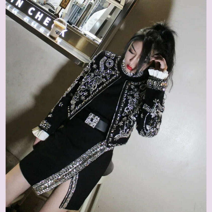 New Luxury Handmade Diamonds Vintage Jacket Women Elegant Party Fashion Black Short Coat Office Ladies Autumn Designer Jackets