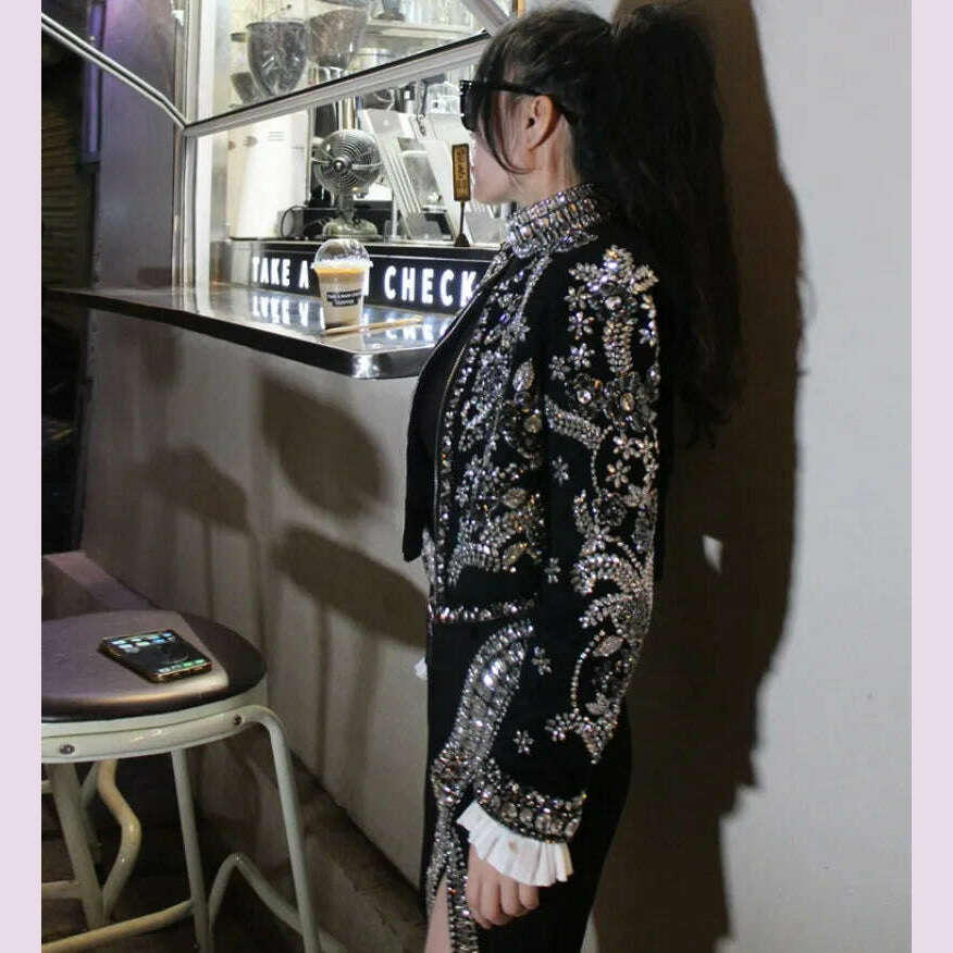 New Luxury Handmade Diamonds Vintage Jacket Women Elegant Party Fashion Black Short Coat Office Ladies Autumn Designer Jackets