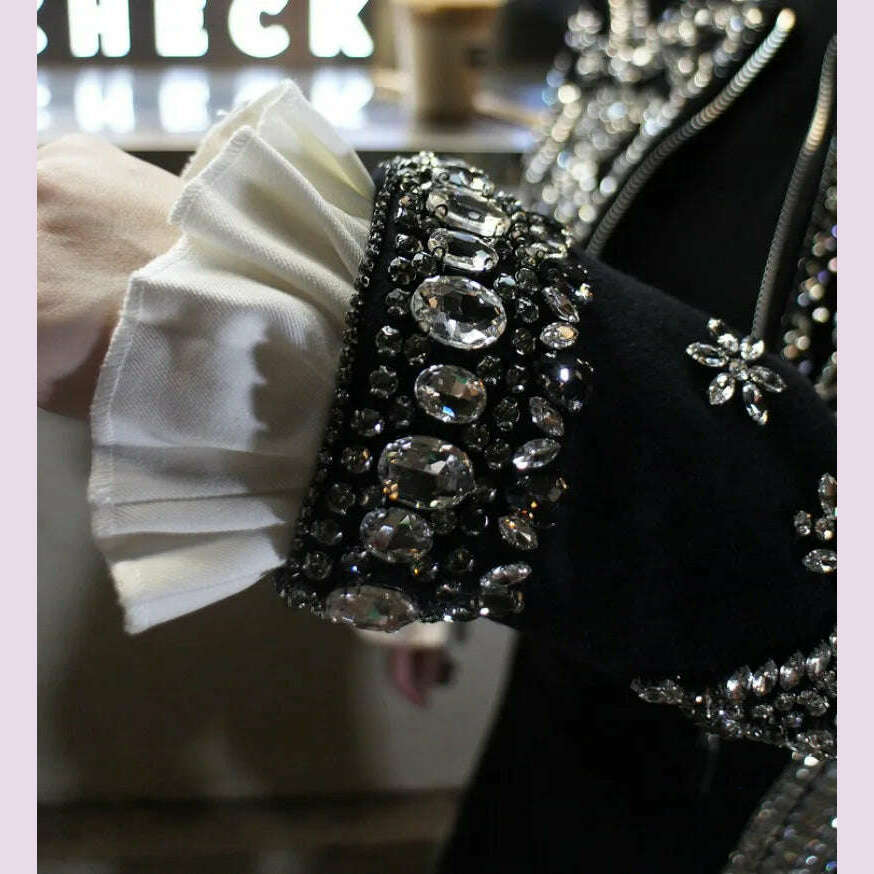 New Luxury Handmade Diamonds Vintage Jacket Women Elegant Party Fashion Black Short Coat Office Ladies Autumn Designer Jackets