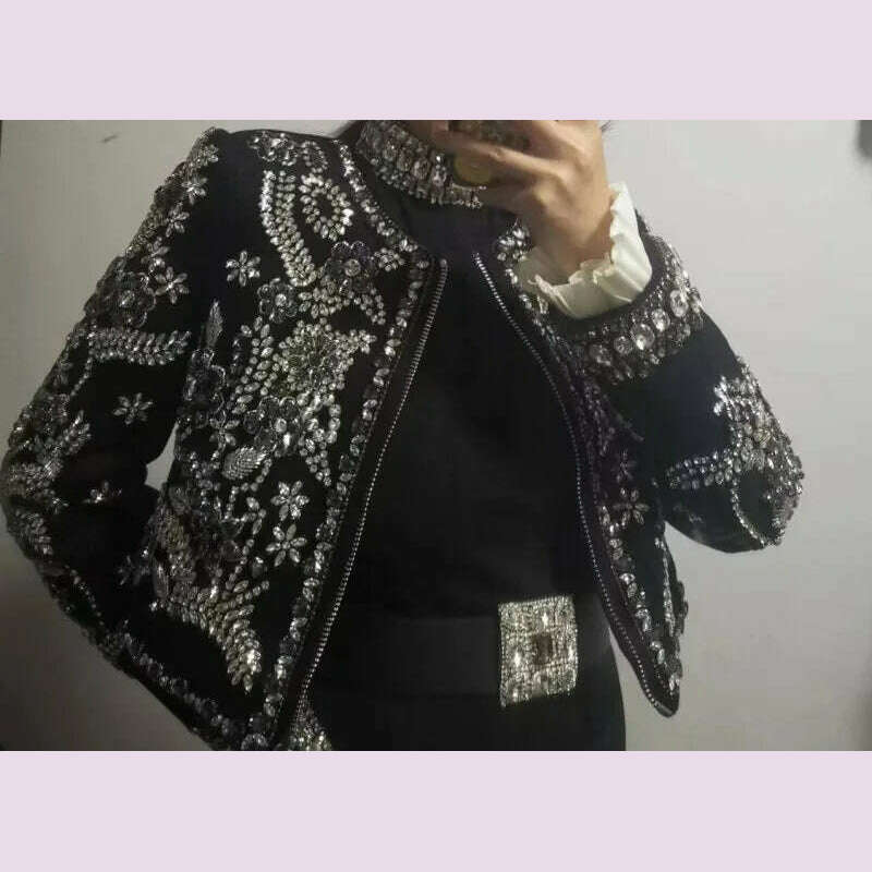 New Luxury Handmade Diamonds Vintage Jacket Women Elegant Party Fashion Black Short Coat Office Ladies Autumn Designer Jackets