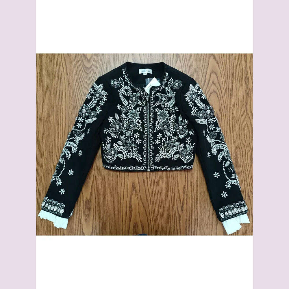 New Luxury Handmade Diamonds Vintage Jacket Women Elegant Party Fashion Black Short Coat Office Ladies Autumn Designer Jackets