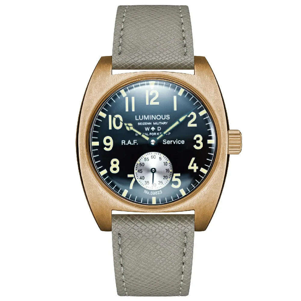 NEW Seizenn W10 WW2 Field Watch Retro Arrow Pilot Watch Men Mechanical Manual Hand Wind Luminous Merkur CUSN8 Bronze Turtle Case