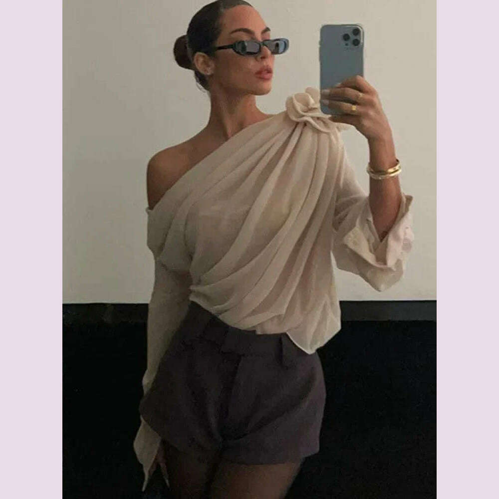 New Slope Shoulder Blouse Asymmetric Cropped Blouse Apricot Pile Up Shirts Women Top Autumn New Elegant Fashiin Blouse