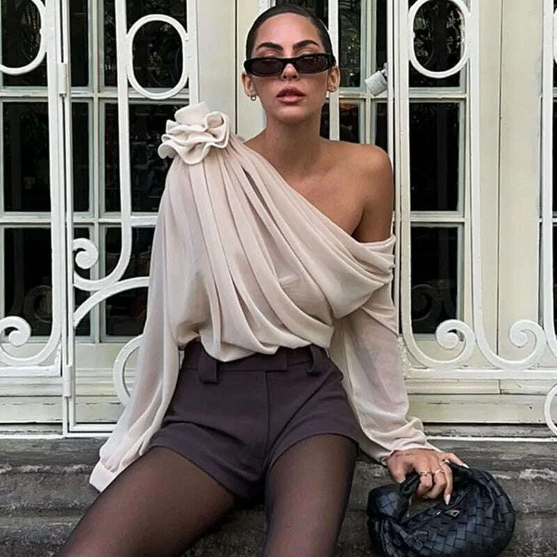New Slope Shoulder Blouse Asymmetric Cropped Blouse Apricot Pile Up Shirts Women Top Autumn New Elegant Fashiin Blouse