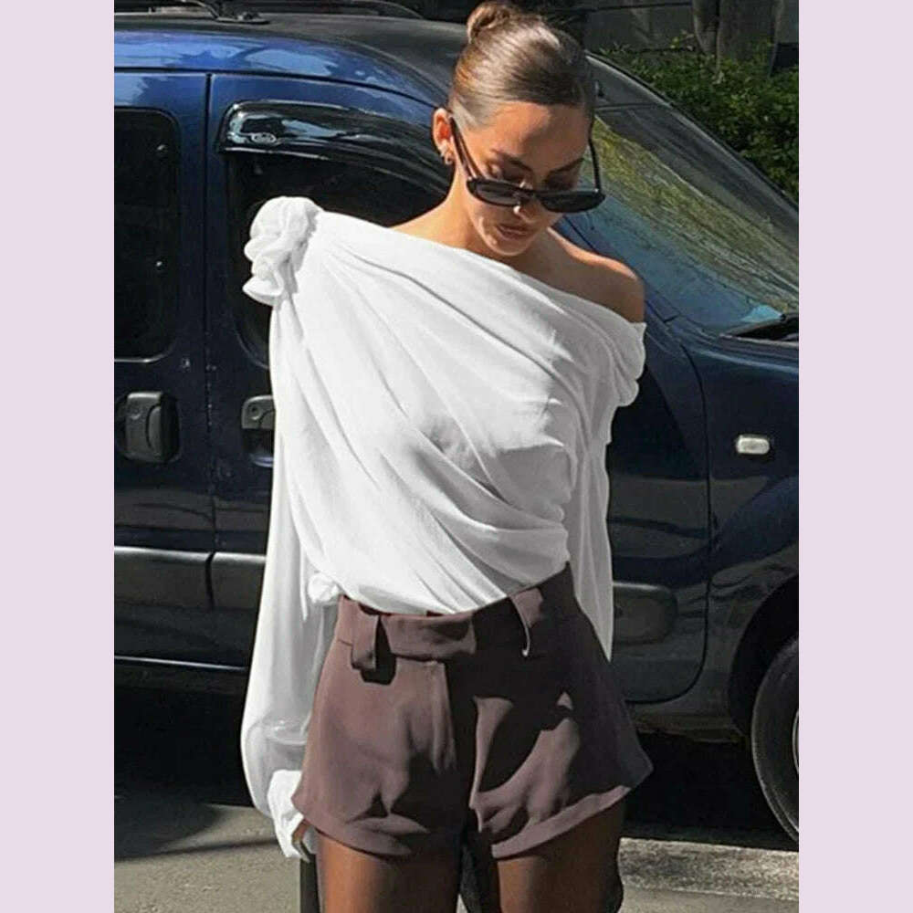 New Slope Shoulder Blouse Asymmetric Cropped Blouse Apricot Pile Up Shirts Women Top Autumn New Elegant Fashiin Blouse