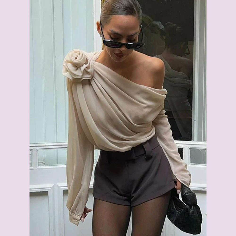 New Slope Shoulder Blouse Asymmetric Cropped Blouse Apricot Pile Up Shirts Women Top Autumn New Elegant Fashiin Blouse