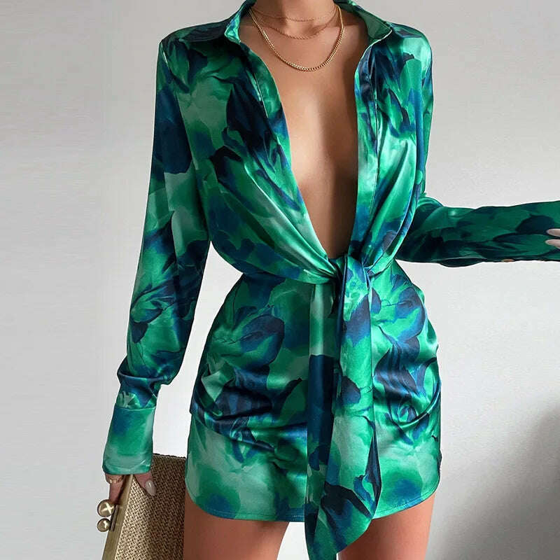 New Women's Sexy V-Neck Long Sleeve Lace Up Short Dress Elegant Chic Women Dresses Formal Occasion Dresses