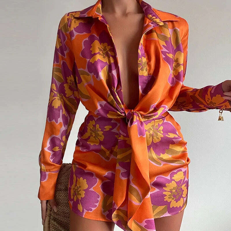 New Women's Sexy V-Neck Long Sleeve Lace Up Short Dress Elegant Chic Women Dresses Formal Occasion Dresses