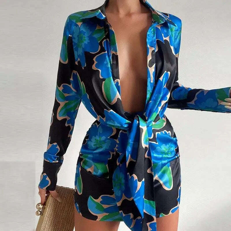New Women's Sexy V-Neck Long Sleeve Lace Up Short Dress Elegant Chic Women Dresses Formal Occasion Dresses