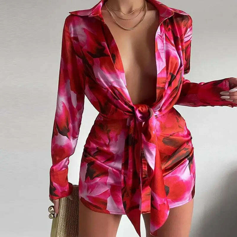 New Women's Sexy V-Neck Long Sleeve Lace Up Short Dress Elegant Chic Women Dresses Formal Occasion Dresses