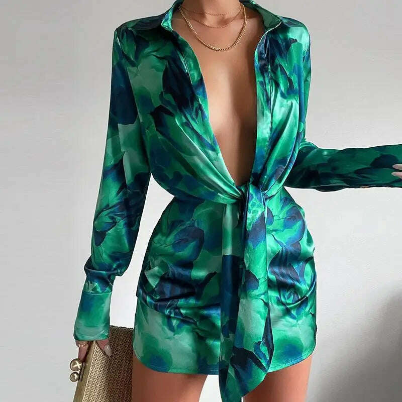 New Women's Sexy V-Neck Long Sleeve Lace Up Short Dress Elegant Chic Women Dresses Formal Occasion Dresses