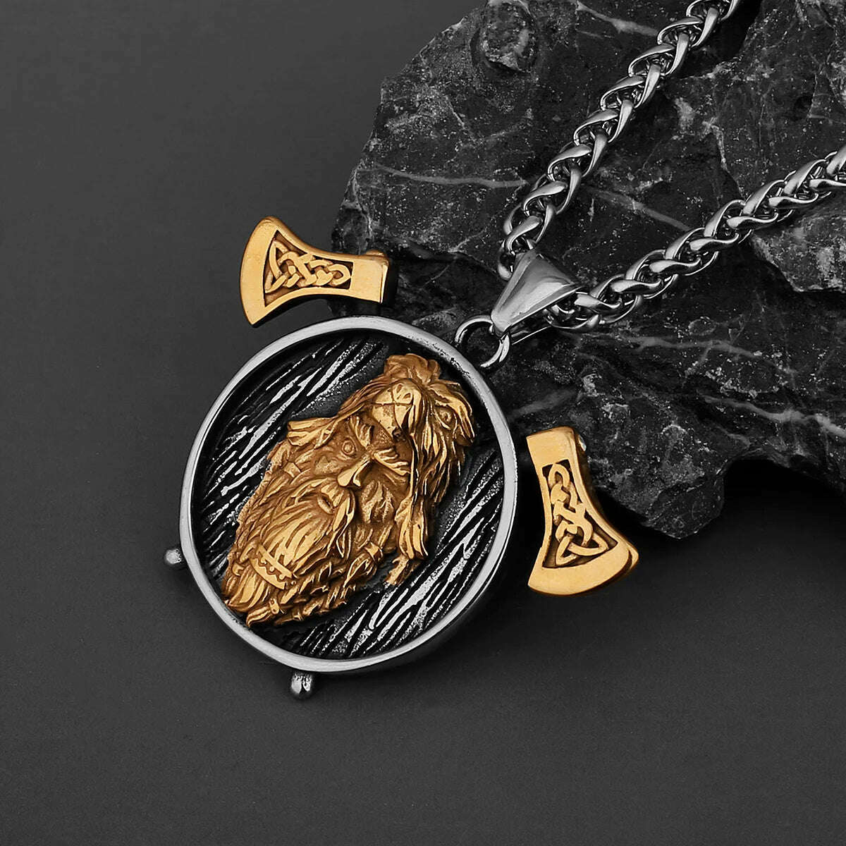 Nordic Viking Warrior Double Axe Gold Stainless Steel Pendant Men's Fashion Hip Hop Pendant Necklace Locomotive Men's Jewelry