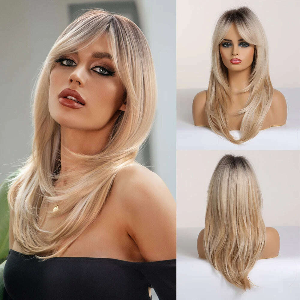 Ombre Synthetic Straight Cosplay Women Hair Platinum Blonde to Black Hair Long Layered Natural Wigs with Bangs for White Women