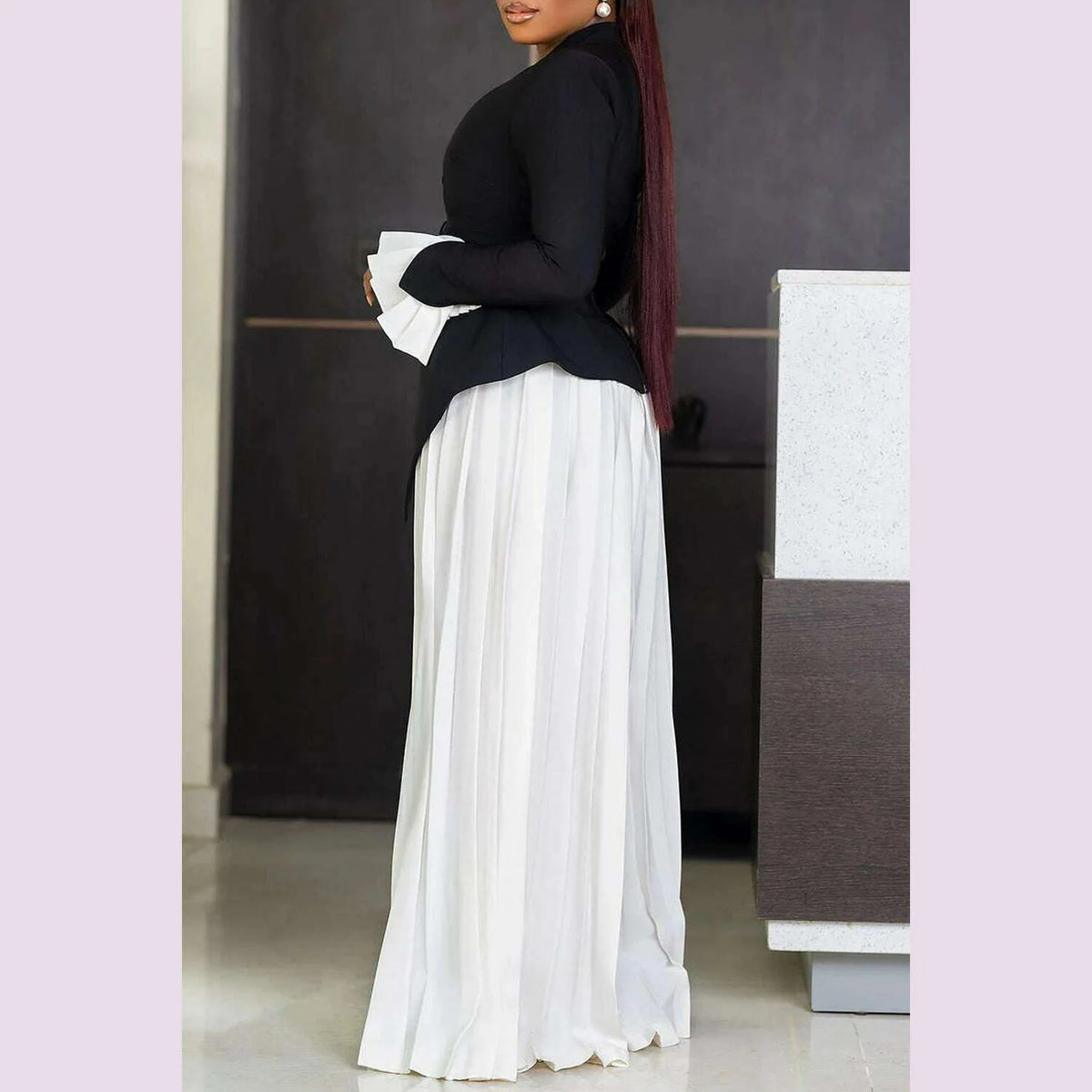 Plus Size Business Casual Black V Neck Long Sleeve Pleated Pocket Two Piece Pants Sets