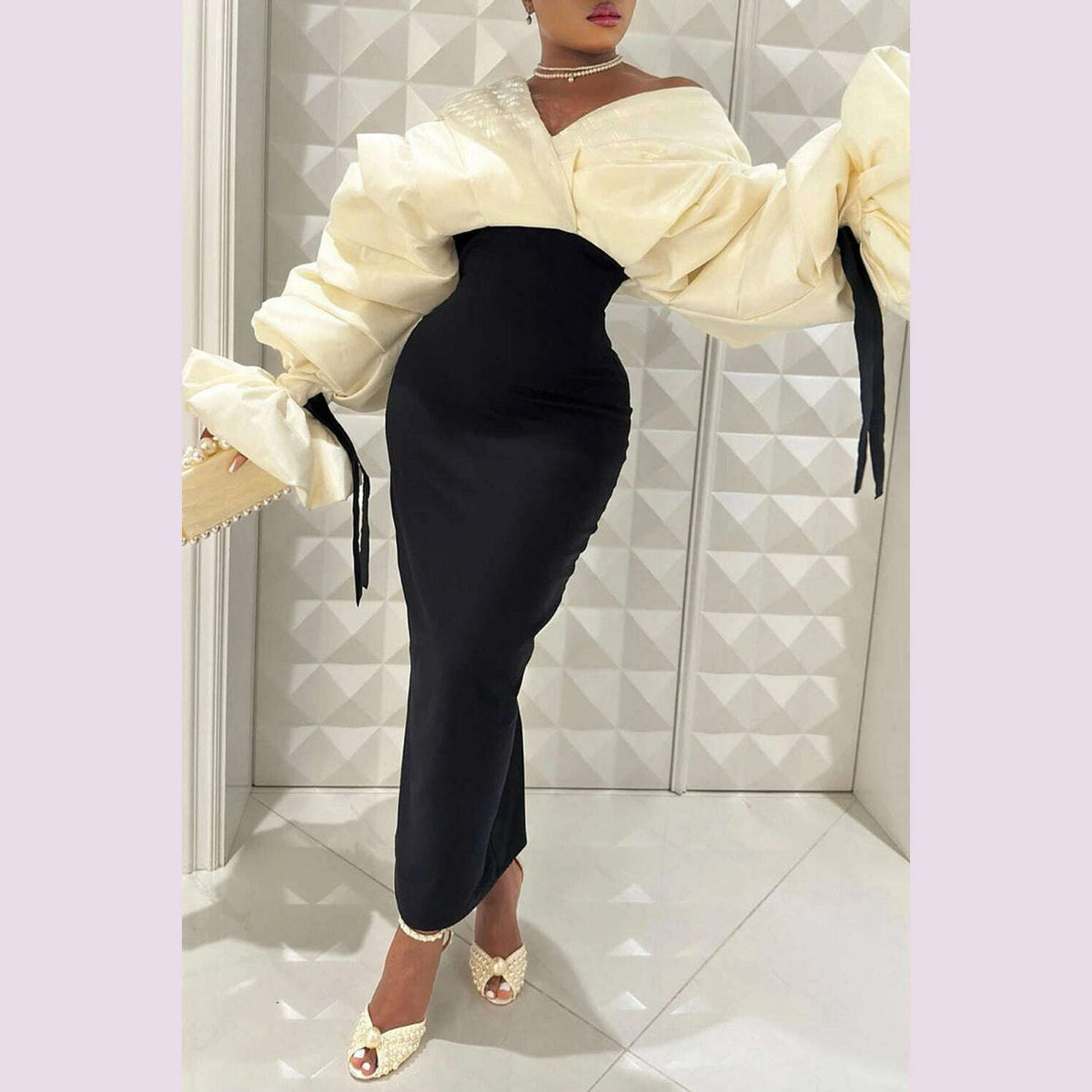 Plus Size Formal Black Wrap Neck Batwing Sleeve Long Sleeve Fold Maxi Dresses