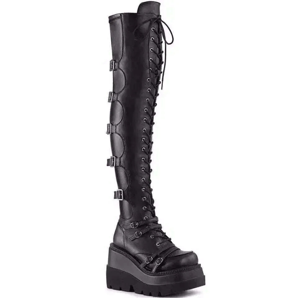Punk Over-the-knee Boots Women Platform Heels Belt Buckle Boot Motorcycle Goth Shoe Thigh High Flat Boots Plus Size 42 43