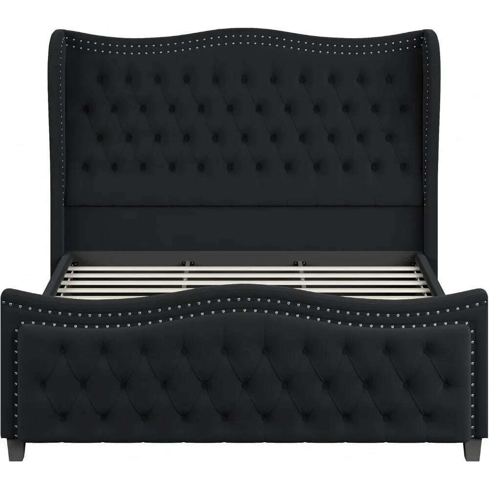 Queen Bed Frame, Velvet Handmade Pleats Deep Button Tufted Wingback Platform Bed, No Box Spring Required,Black,Bed Frames