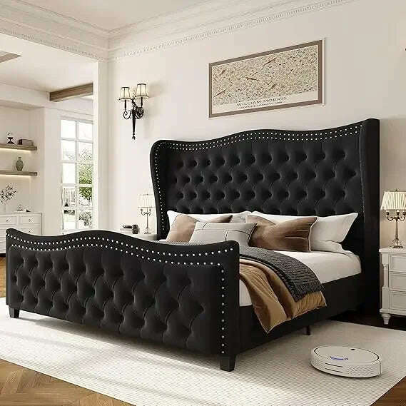 Queen Bed Frame, Velvet Handmade Pleats Deep Button Tufted Wingback Platform Bed, No Box Spring Required,Black,Bed Frames