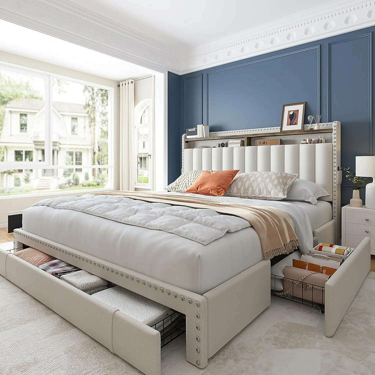 Queen Bed Frame with 3 Drawers,Bed Frame Queen Size with Upholstered Headboard and Storage,2-Tier Shelves,for Strong Support, No