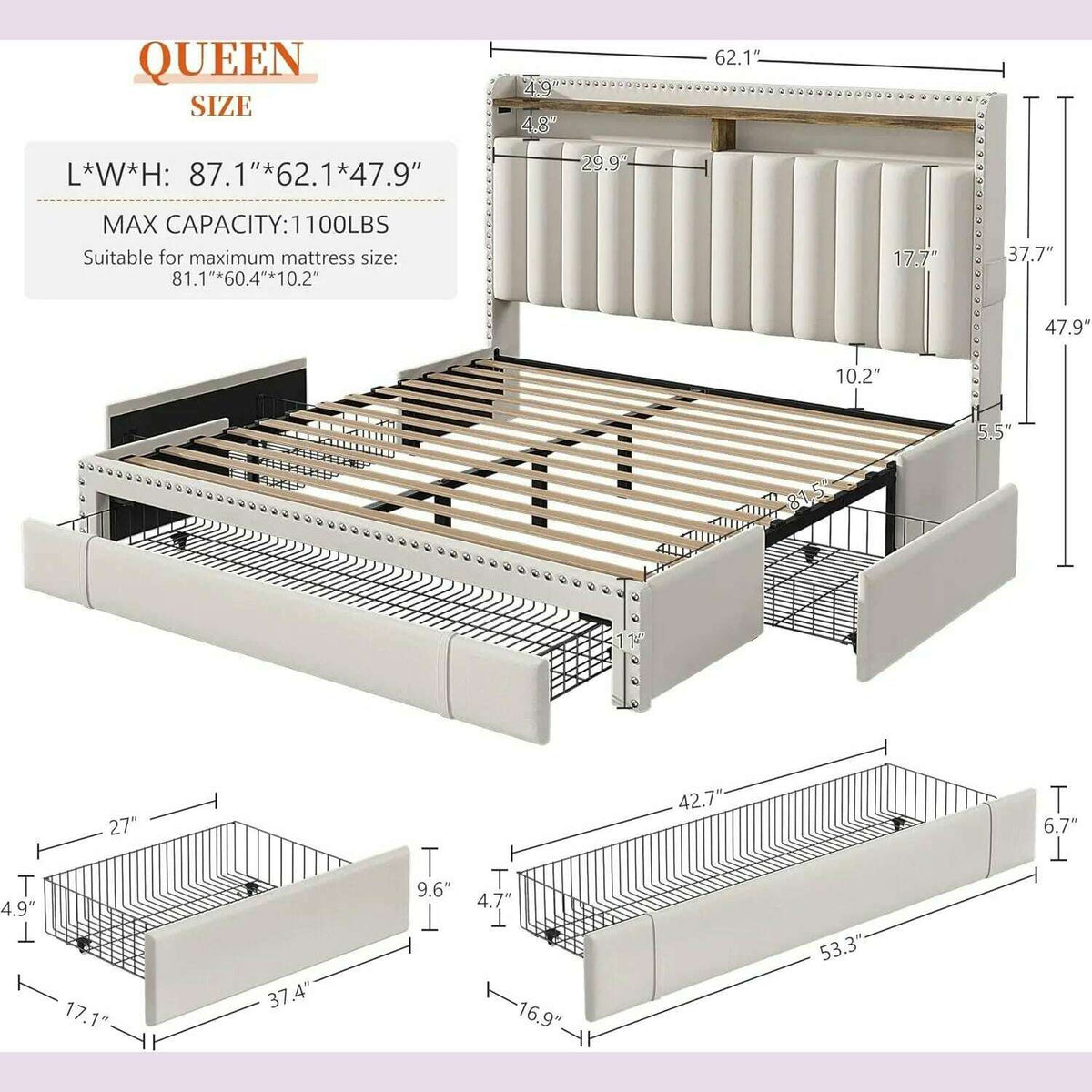 Queen Bed Frame with 3 Drawers,Bed Frame Queen Size with Upholstered Headboard and Storage,2-Tier Shelves,for Strong Support, No